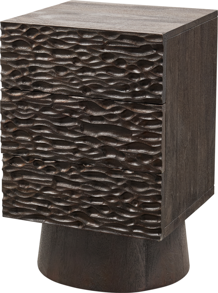 Natbord/sengebord WOOOD Collection i mangotræ med valnødfinish, 3 skuffer, brun, 66Ã40Ã37 cm